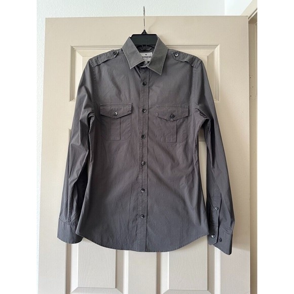 Express Fitted Stretch Cotton Shirt Mens S Small Roll Tab Sleeve Gray Blue LOT - Picture 2 of 16